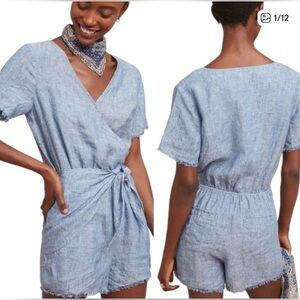 Anthropologie x Sanctuary Montana Blue Linen Wrap Romper